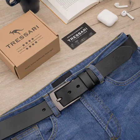 TRESSARI Curea barbati din piele, piele naturala, 100% neagra, pentru pantaloni