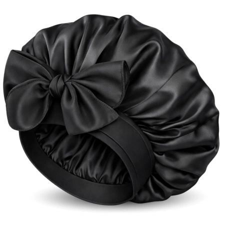 Bonetă de dormit din satin pentru protecția părului, neagră, legată cu panglici
