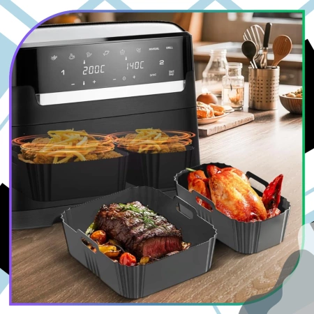 Inserție reutilizabilă din silicon pentru friteuză cu aer, 2 bucăți, tavă de copt gri