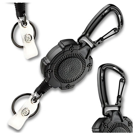 Breloc retractor, frânghie încolăcită, 80 cm, carabinier exterior, negru