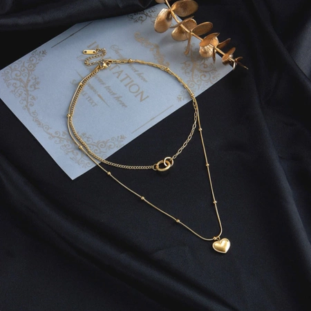 Colier din aur, oțel chirurgical dublu, inele inimioare placate cu aur