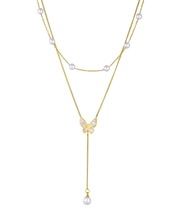 Colier lung din aur, otel chirurgical, fluture, perle, placat cu aur