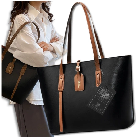 Geantă de mână BAD&BAGS din piele clasică neagră cu inserție maro shopper