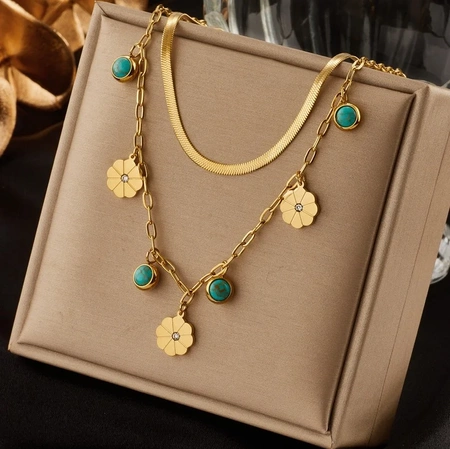 Colier elegant din aur cu pandantive duble din oțel chirurgical