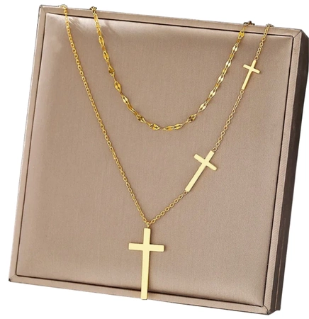 Colier dublu din aur, cruci elegante, delicate din otel chirurgical