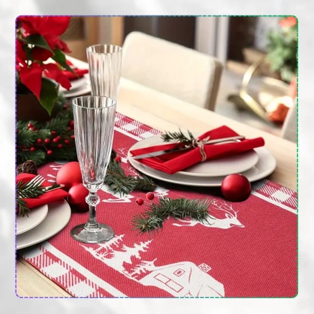 Fata de masa rosie cu un rand de masa pentru masa de Craciun