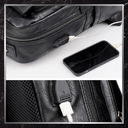Rucsac din piele neagră pentru bagaj de mână pentru avion, cabină de afaceri USB