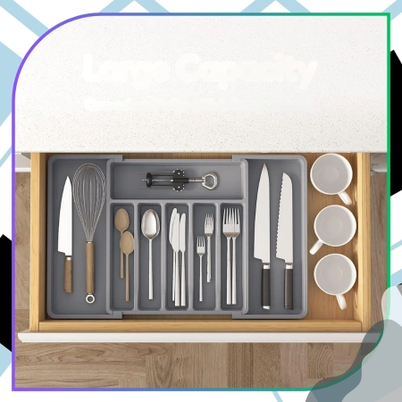 Organizator sertar tacâmuri, gri, inserție extensibilă