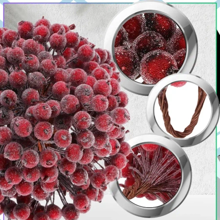 Frunze artificiale decorative de Crăciun, scoruș, vișiniu, înghețate, 100 buc. crenguță