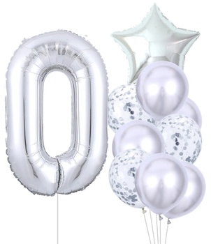 Set de 10 baloane argintii pentru ziua de nastere numarul 0