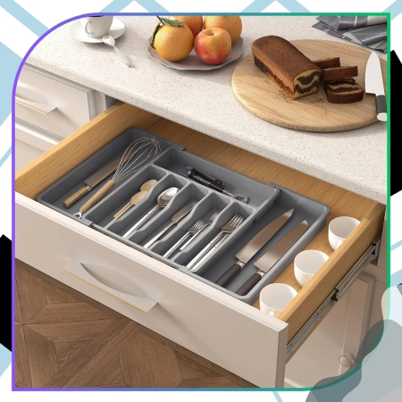 Organizator sertar tacâmuri, gri, inserție extensibilă