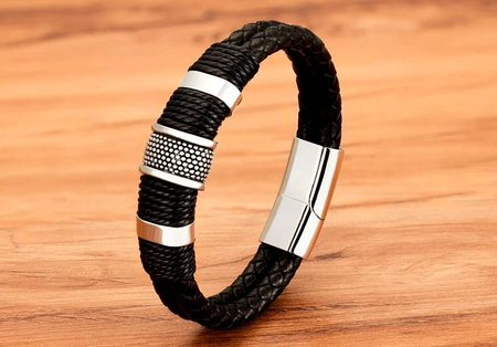 Bratara barbati piele, neagra, otel inoxidabil