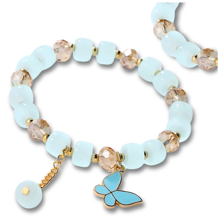 Bratara de dama albastra cu margele cu pandantiv fluture pe o banda elastica