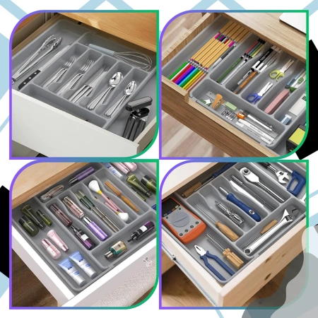 Organizator sertar tacâmuri, gri, inserție extensibilă