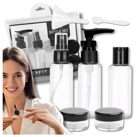 Set de 7 piese sticle negre de voiaj pentru cosmetice