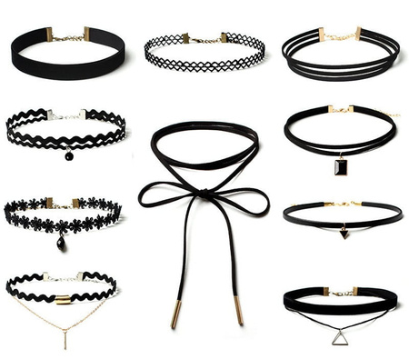 Set negru de 10 piese CHOKER colier cu șnur de celebritate