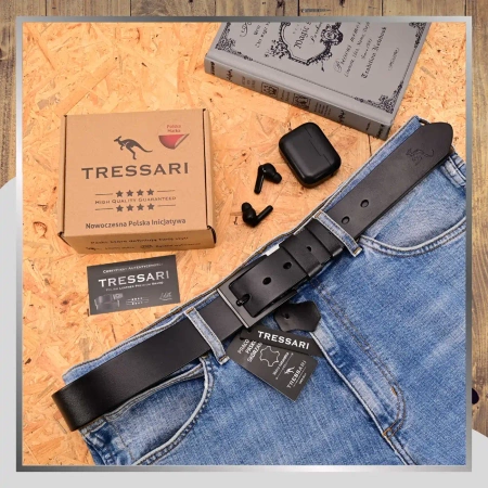 Curea bărbătească din piele pentru pantaloni, neagră TRESSARI, 115 cm, piele naturală