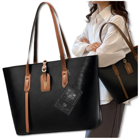 Geantă de mână BAD&BAGS din piele clasică neagră cu inserție maro shopper