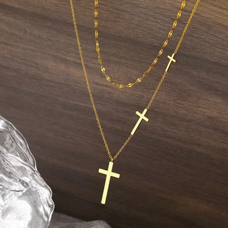 Colier dublu din aur, cruci elegante, delicate din otel chirurgical
