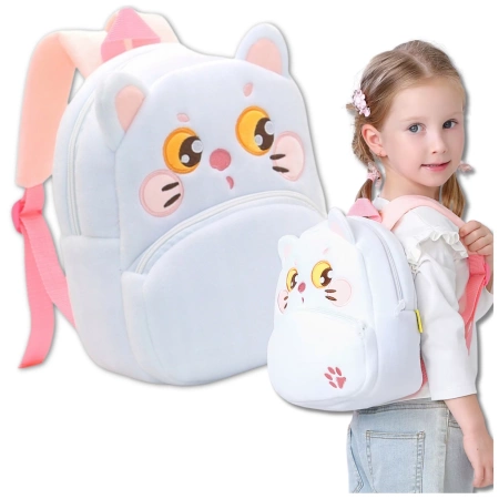 Ghiozdan de pluș pentru copii, pentru preșcolari, cu fermoar, PISICĂ ALBĂ