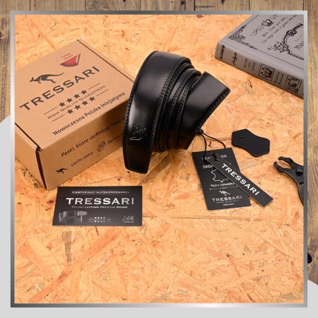 Curea din piele neagră TRESSARI 120cm pentru pantaloni fără cataramă, piele naturală