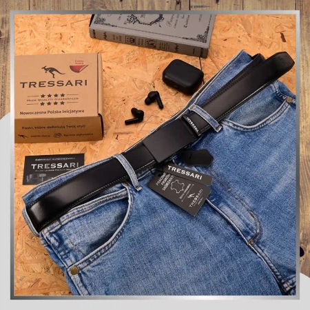Curea bărbătească din piele neagră pentru pantaloni TRESSARI, 120 cm, automată