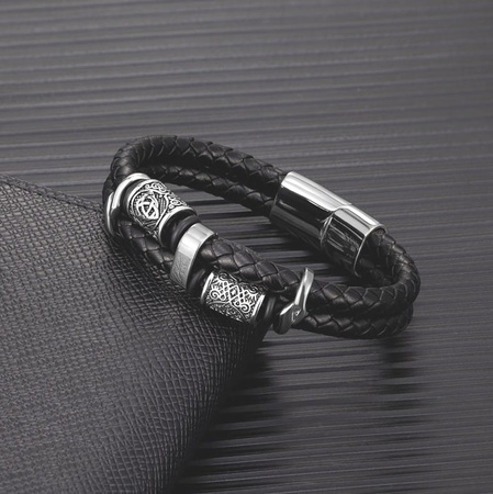 Brățară neagră pentru bărbați din piele împletită nordică