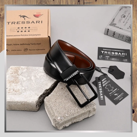Curea din piele TRESSARI, cu două fețe, 120 cm, neagră, maro, pentru pantaloni