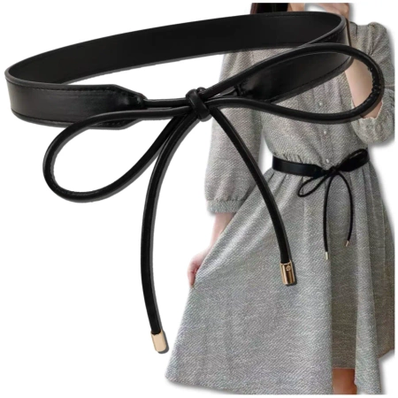 Curea de piele de damă cu talie îngustă legată elegant negru