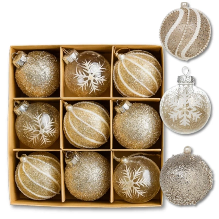 Globuri acrilice aurii, set de 9 globuri de Crăciun, 8 cm