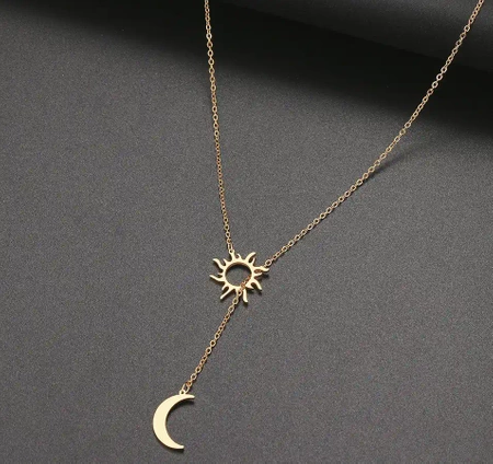 Colier lung de aur, oțel chirurgical elegant, soare și lună