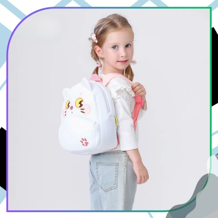 Ghiozdan de pluș pentru copii, pentru preșcolari, cu fermoar, PISICĂ ALBĂ