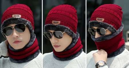 Set barbati: palarie + esarfa, tunel termoizolant rosu