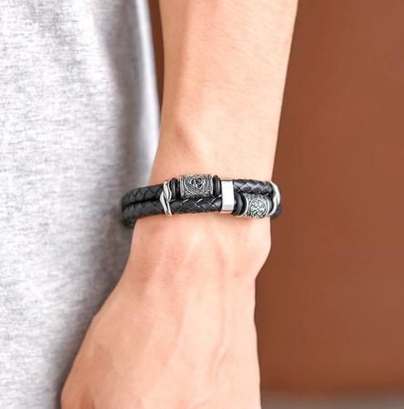 Brățară neagră pentru bărbați din piele împletită nordică