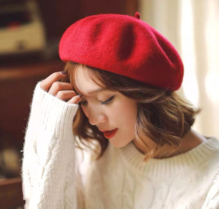 Șapcă beretă de damă cu antenă, roșu francez