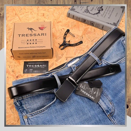 Curea automată din piele pentru pantaloni TRESSARI pentru bărbați, neagră, 120 cm