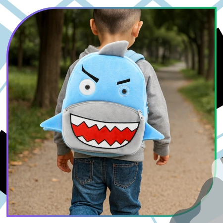 Ghiozdan de pluș pentru copii, pentru preșcolari, cu fermoar, model SHARK