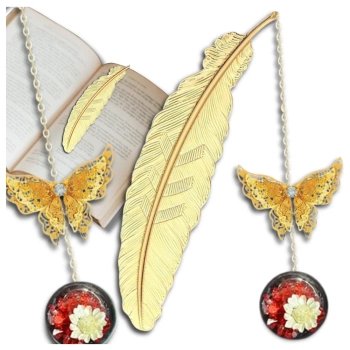 Semn de carte metalic, pană aurie cu pandantiv fluture
