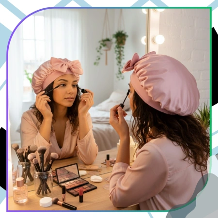 Casca de dormit roz satinat cu panglici pentru protecție