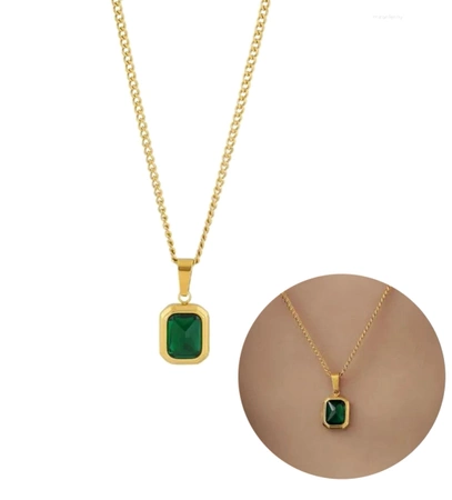 Colier elegant din aur, otel chirurgical, zircon verde, lant