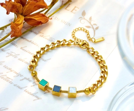 Bratara din aur, otel chirurgical, lant, cuburi, patrate