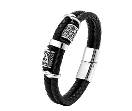 Brățară neagră pentru bărbați din piele împletită nordică