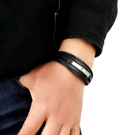 Bratara din piele punk negru barbati otel inoxidabil