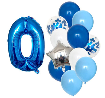 Set 12 baloane albastre cu confetti, ziua de nastere numarul 0