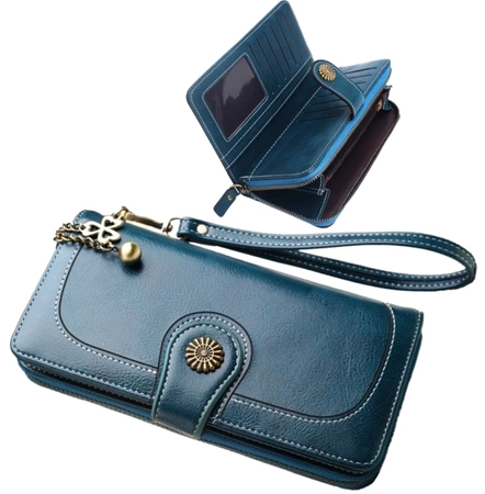 Portofel de dama din piele albastra, decorativ, mare, incapator breloc