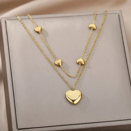 Colier elegant din aur cu inimioare duble din oțel chirurgical