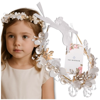 Bandita alba pentru copii tiara auriu coronita zirconi perle
