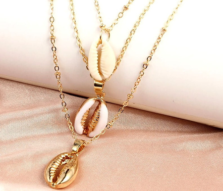 Colier SHELLS, alb, auriu, scoici, scoici, lant de aur
