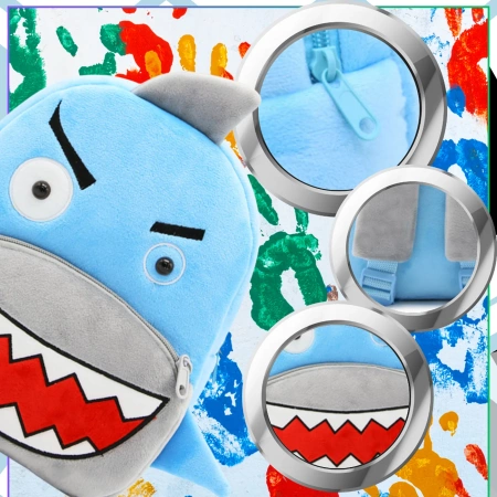 Ghiozdan de pluș pentru copii, pentru preșcolari, cu fermoar, model SHARK