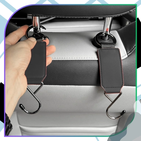 Cârlig pliabil pentru tetiera auto, metal și piele, 15 kg, set de 2